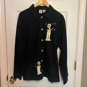 Onque Casuals Sz L Cotton Top & Pants Set. Cat design.